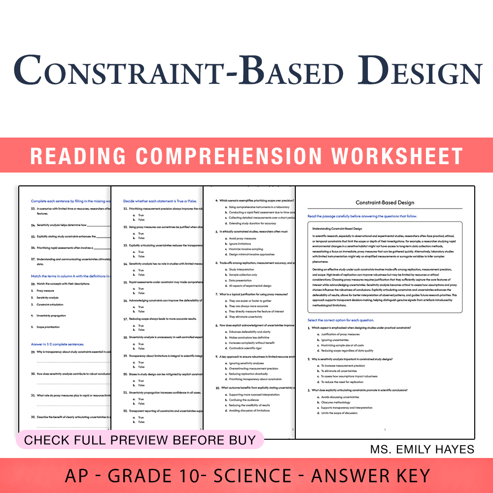 Grade 10 Science worksheet worksheet — Grade 10 Science | Constraint-Based Design Worksheet (PDF+ Answer Key) — page 1