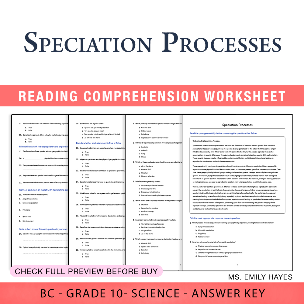 Grade 10 Science worksheet worksheet — Grade 10 Science | Speciation Processes Worksheet (PDF+ Answer Key) — page 1