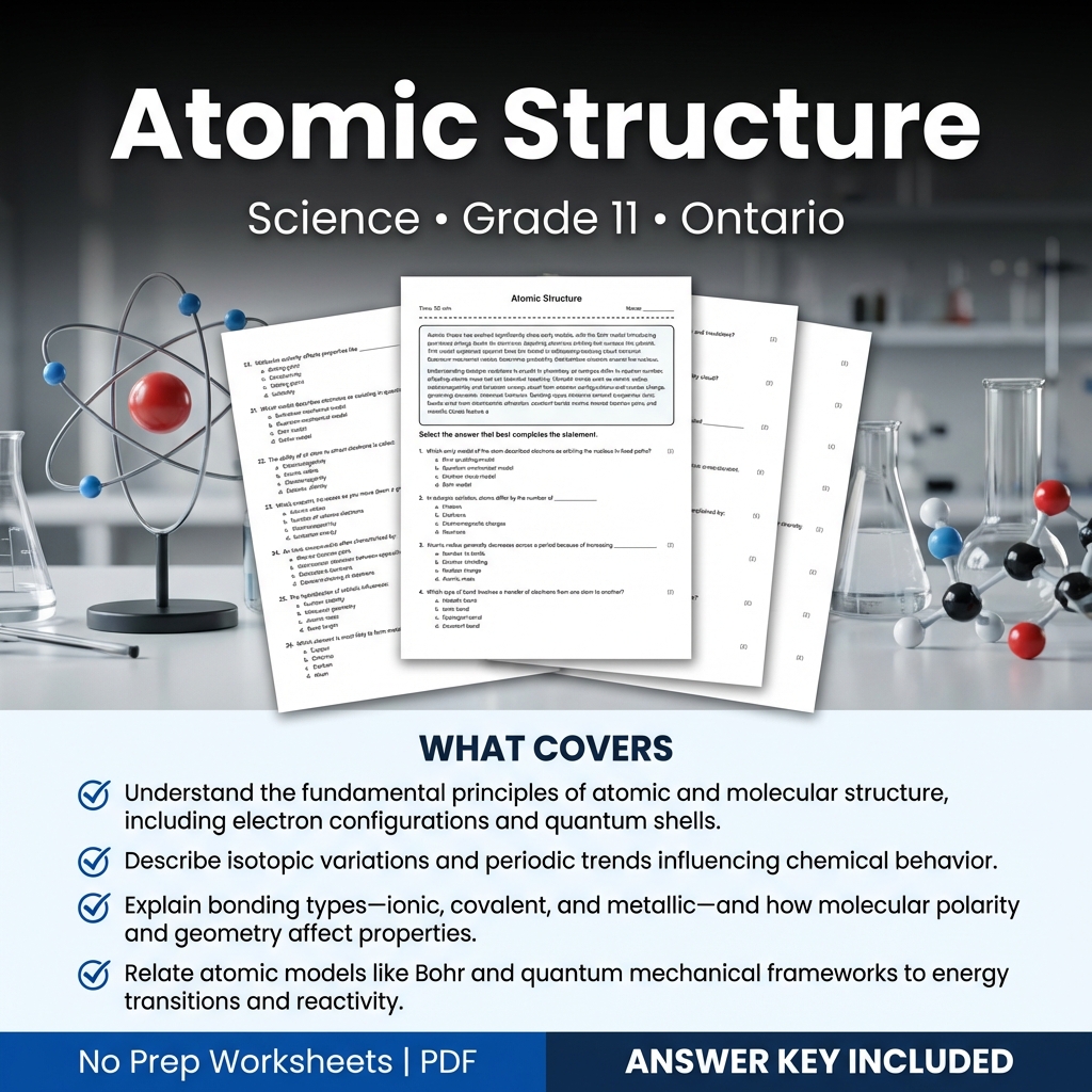 Atomic Structure Worksheet for Grade 11 Science | Ontario Standards