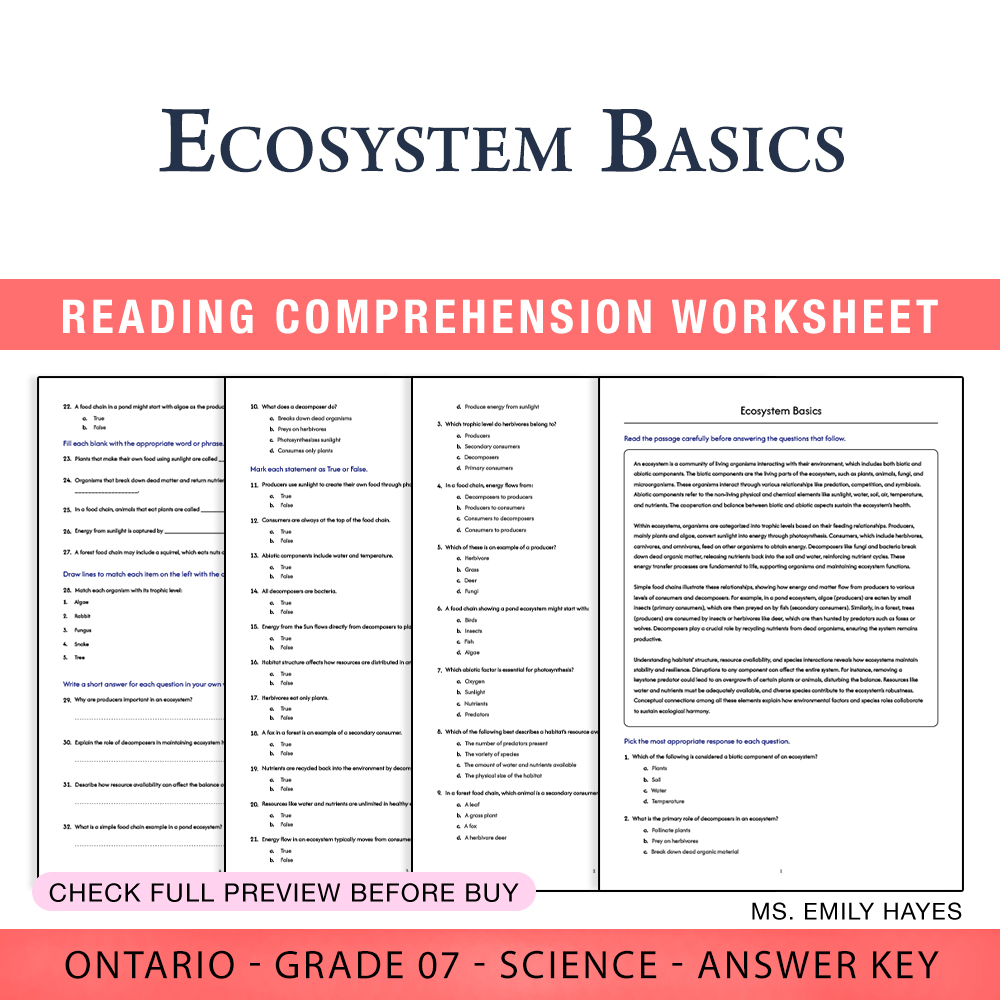 Grade 7 Science worksheet worksheet — Grade 7 Science | Ecosystem Basics Worksheet (PDF+ Answer Key) — page 1