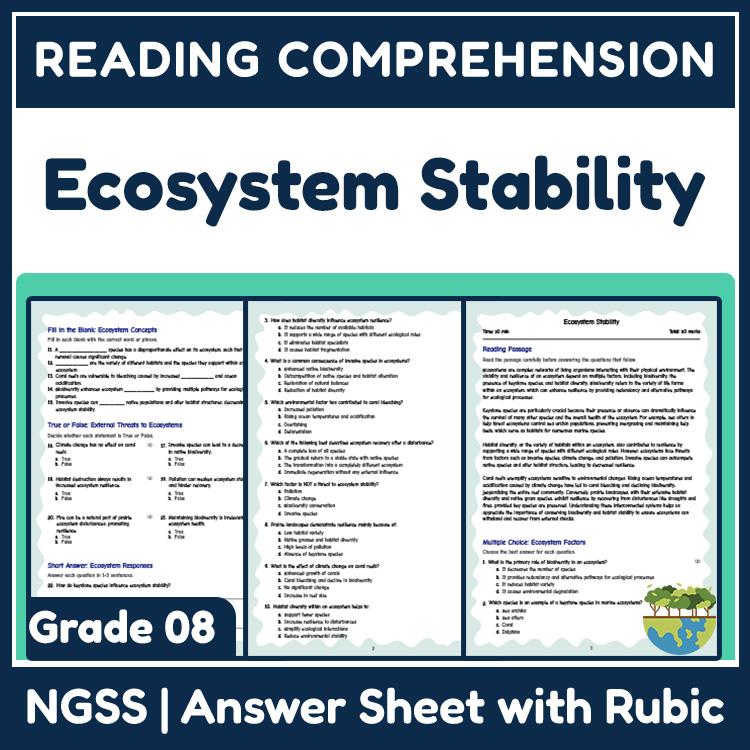 Grade 8 Science reading worksheets worksheet — Grade 8 Science | Ecosystem Stability Reading Worksheet (Answer Key) — page 1