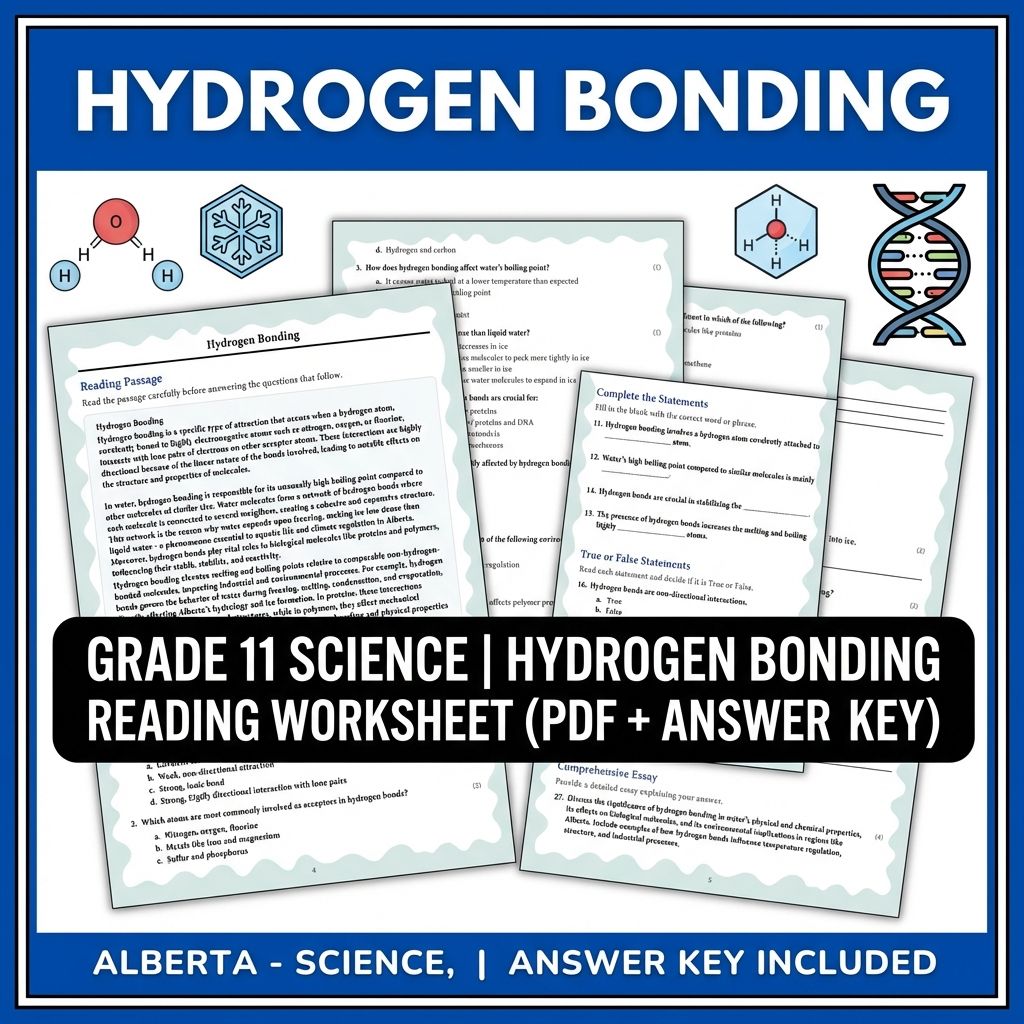 Grade 11 Science | Hydrogen Bonding Reading Worksheet (PDF + Answer Key)