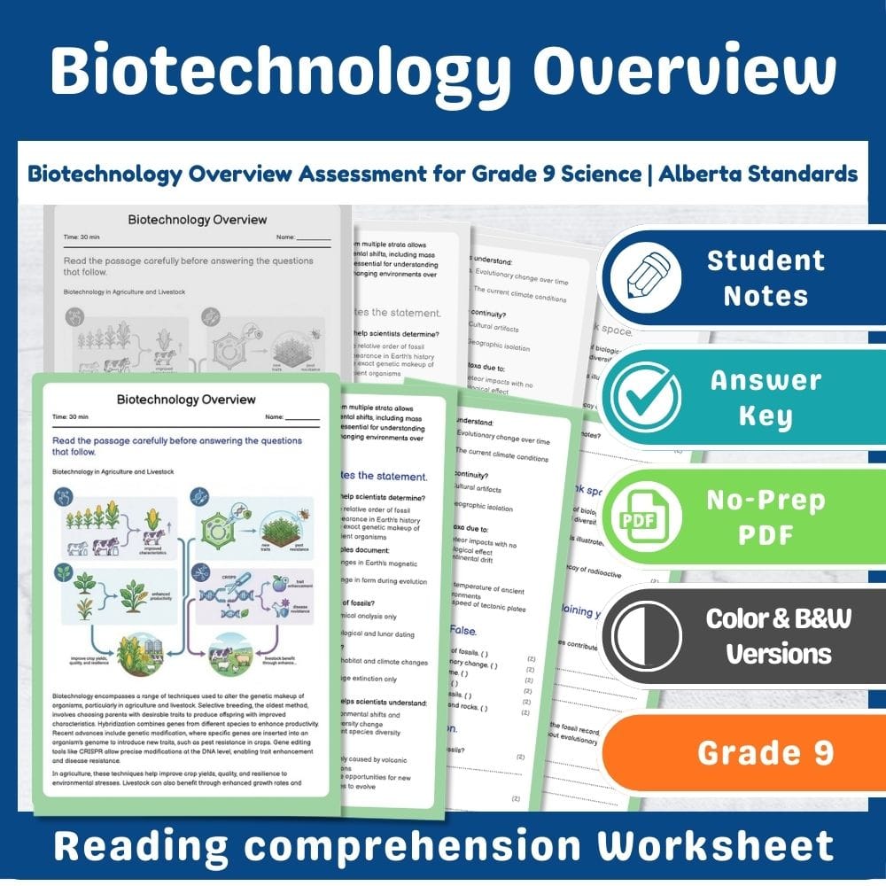 Grade 9 Science assessment worksheet — Biotechnology Overview Assessment for Grade 9 Science | Alberta Standards — page 1