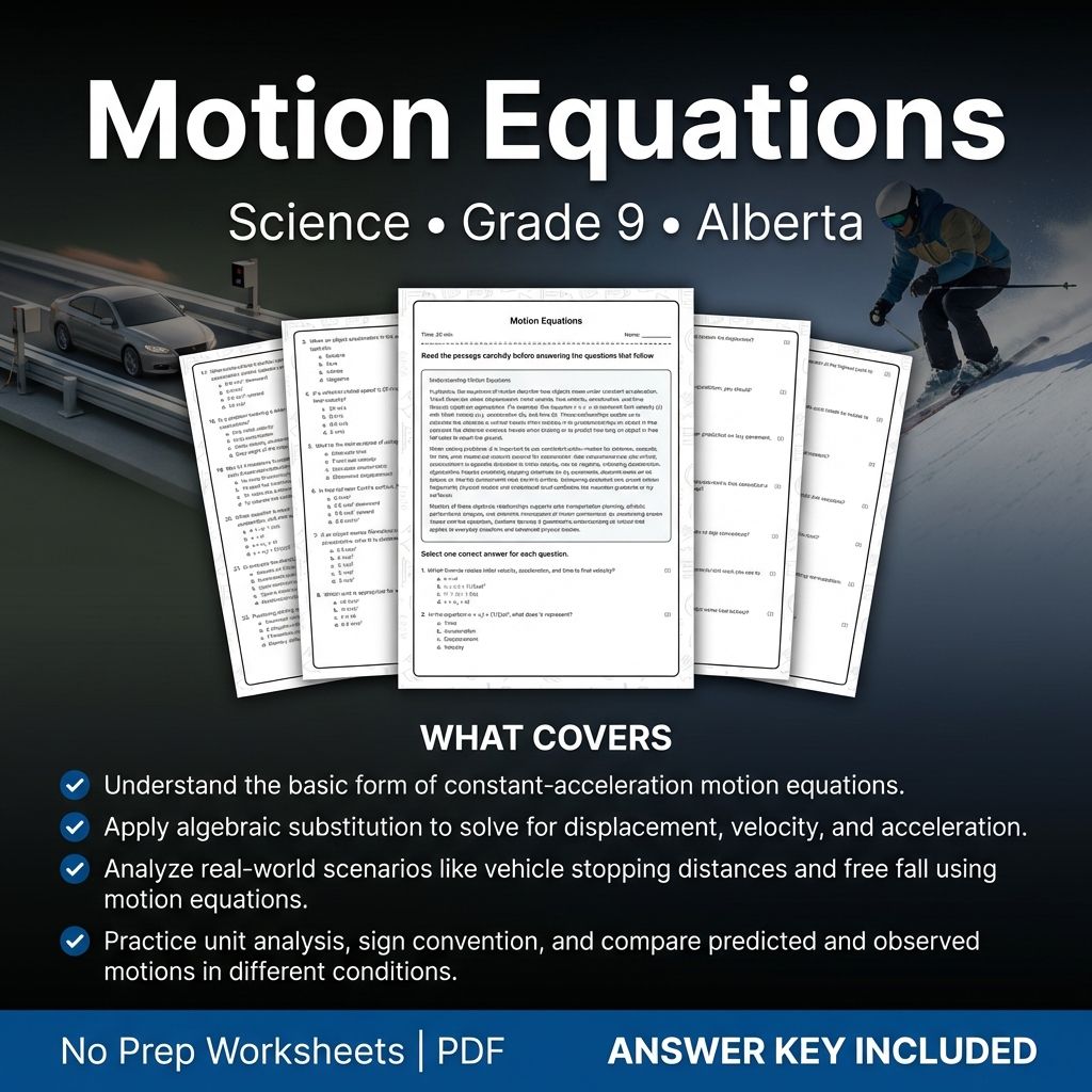 Motion Equations Worksheet | Grade 9 Science | Alberta Standards