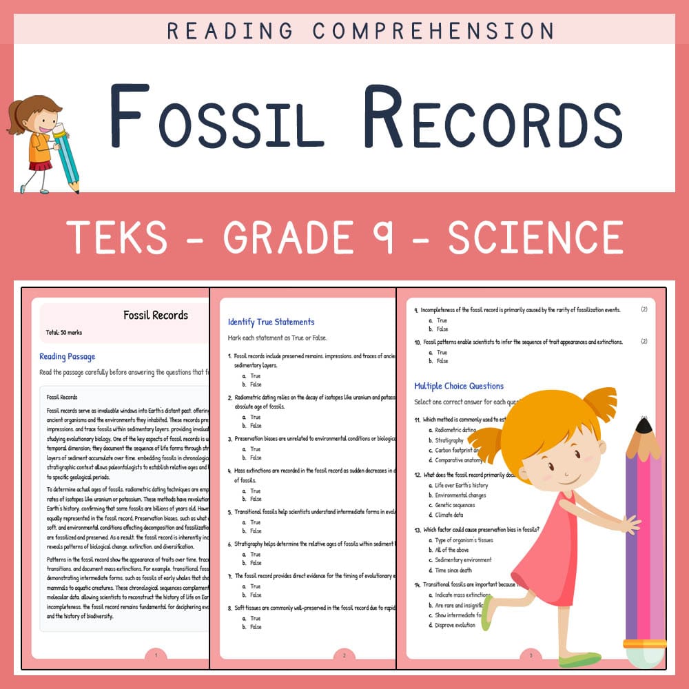Grade 9 Science worksheet elena worksheet — Grade 9 Science | Fossil Records Worksheet | TEKS Aligned — page 1