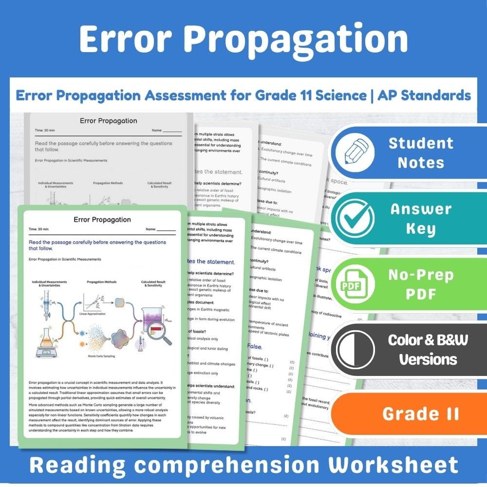 Grade 11 Science assessment worksheet — Error Propagation Assessment for Grade 11 Science | AP Standards — page 1