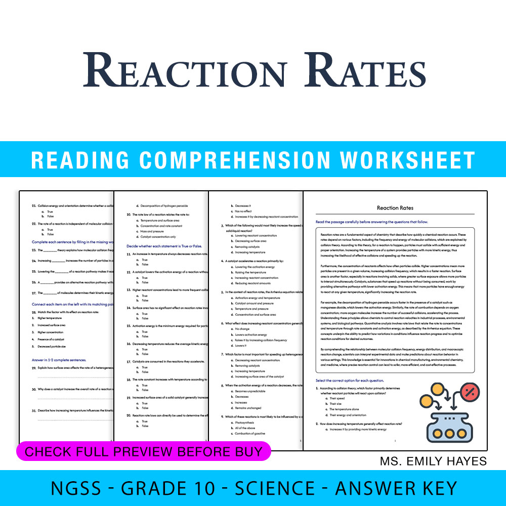 Grade 10 Science worksheet — Grade 10 Science | Reaction Rates Worksheet (PDF+ Answer Key) — page 1