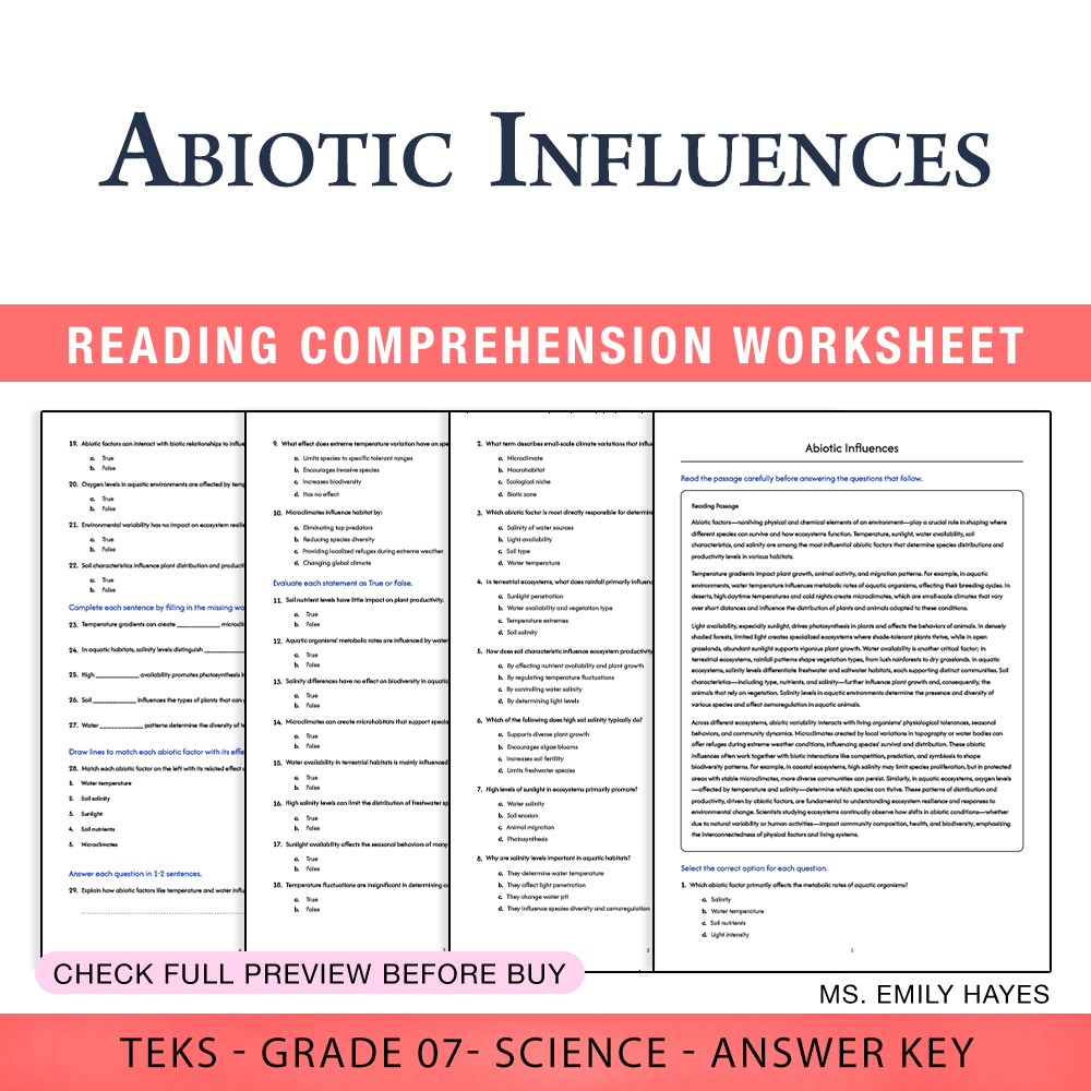 Grade 7 Science worksheet worksheet — 7th Grade Science | Abiotic Influences Worksheet (PDF+ Answer Key) — page 1