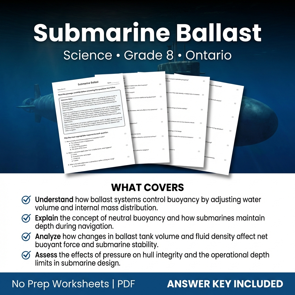 Grade 8 Science Worksheet on Submarine Ballast - Printable PDF & Key