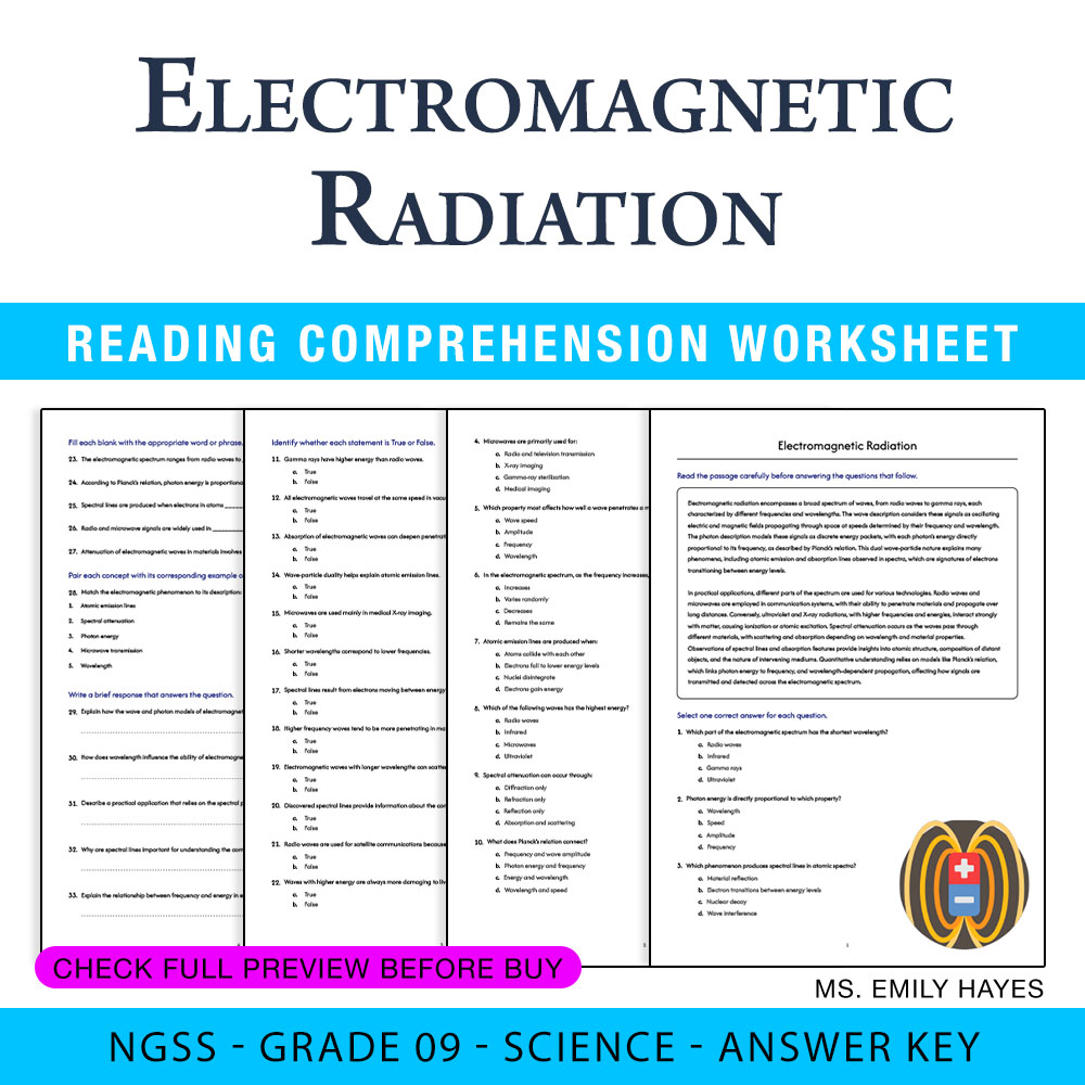 Grade 9 Science worksheet worksheet — Grade 9 Science | Electromagnetic Radiation Worksheet (PDF+ Answer Key) — page 1