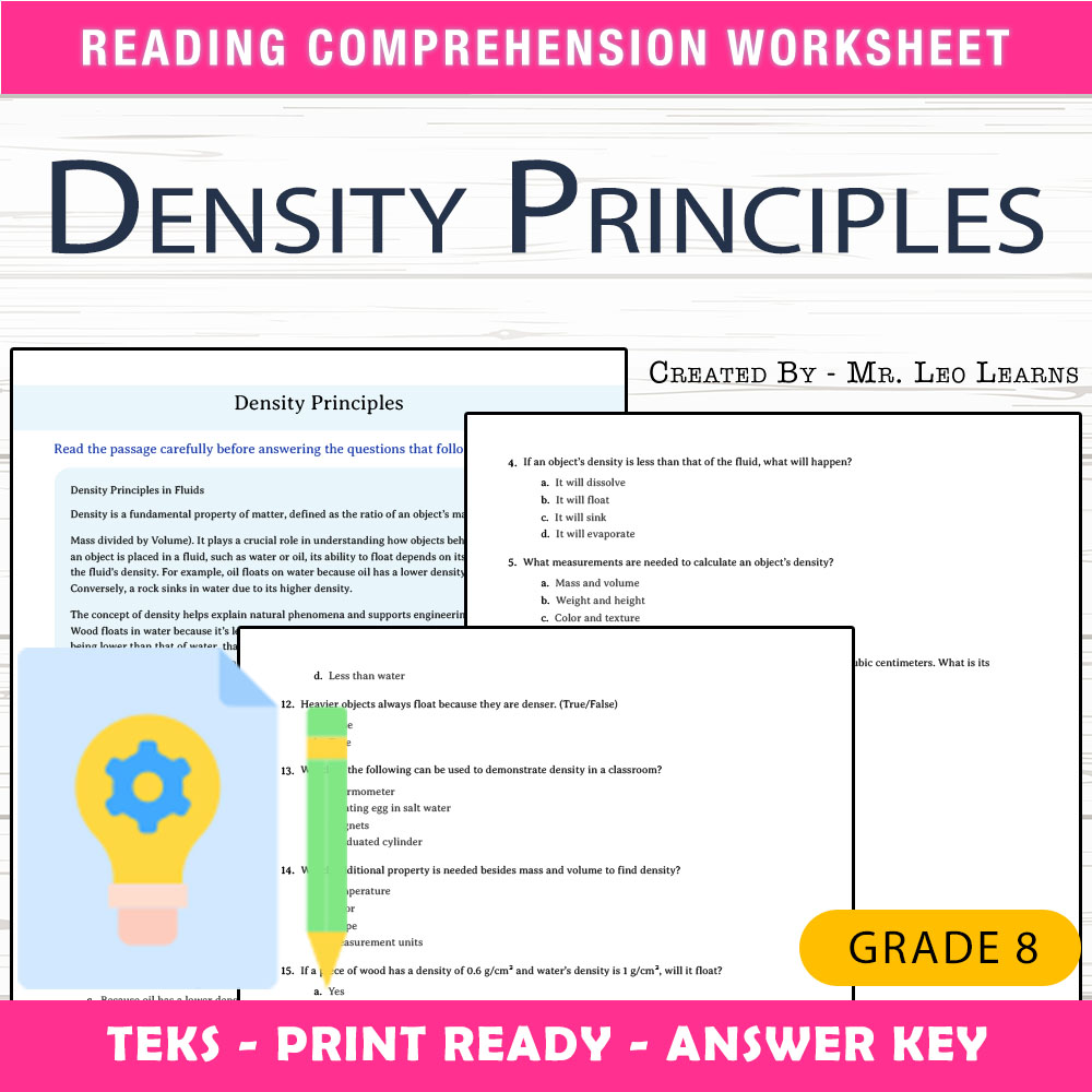 Grade 8 Science worksheet worksheet — Grade 8 Science – Density Principles Worksheet for Mastery | PDF + Answer Key — page 1