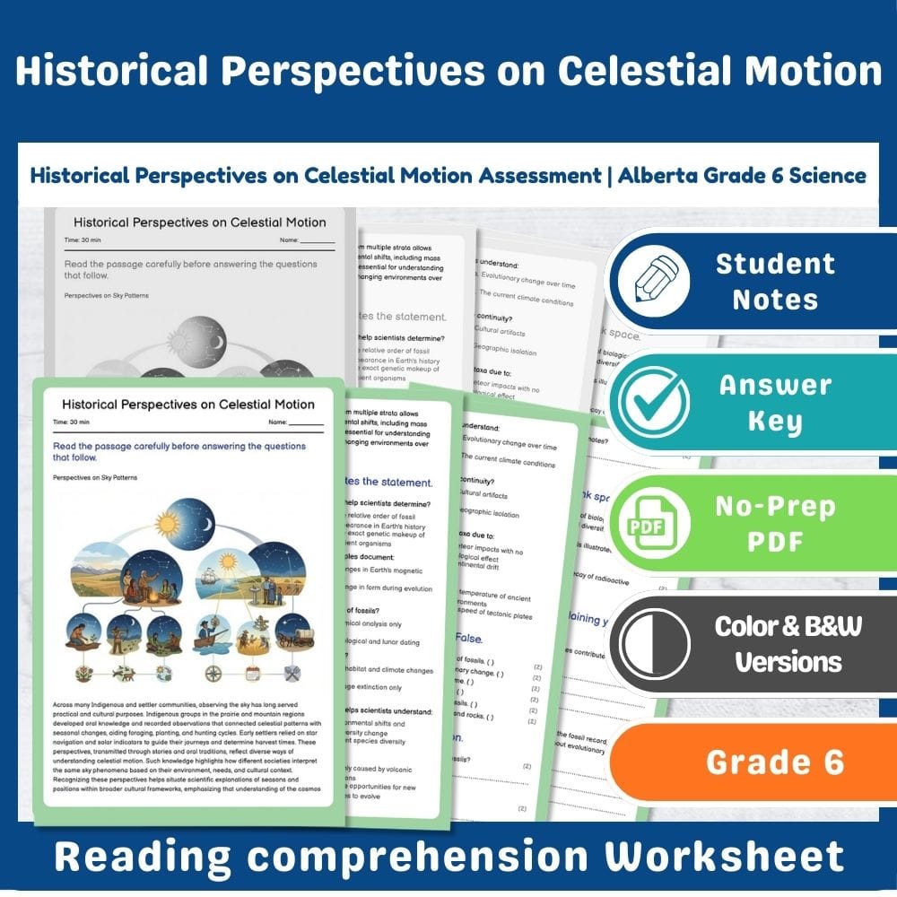 Grade 6 Science assessment worksheet — Historical Perspectives on Celestial Motion Assessment | Alberta Grade 6 Science —…