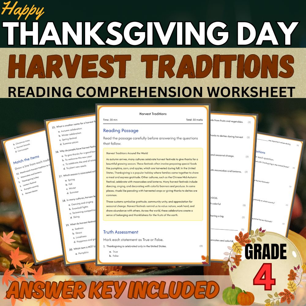 Grade 4 | Happy Thanksgiving Worksheet for Harvest Traditions | PDF + Answer Key