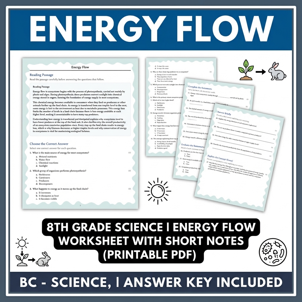 Grade 8 Science reading worksheets — 8th Grade Science | Energy Flow Reading Worksheet (PDF + Rubric)