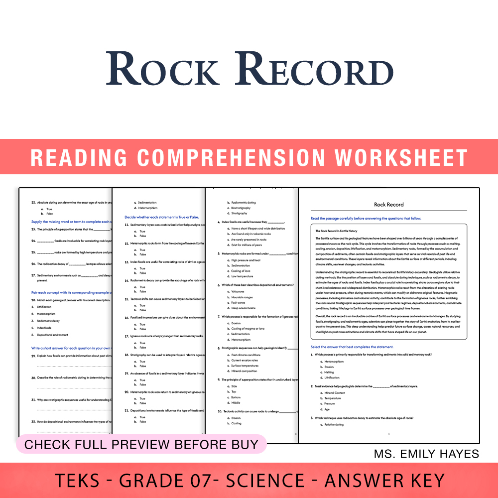 Grade 7 Science worksheet worksheet — Grade 7 Science | Rock Record Worksheet (PDF+ Answer Key) — page 1