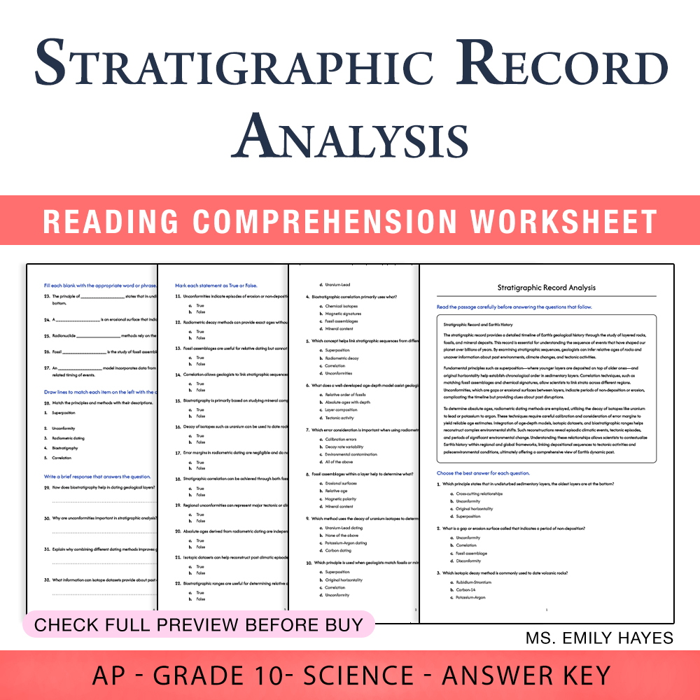 Grade 10 Science worksheet worksheet — 10th Grade Science | Stratigraphic Record Analysis Worksheet (PDF + Answer Key) — p…