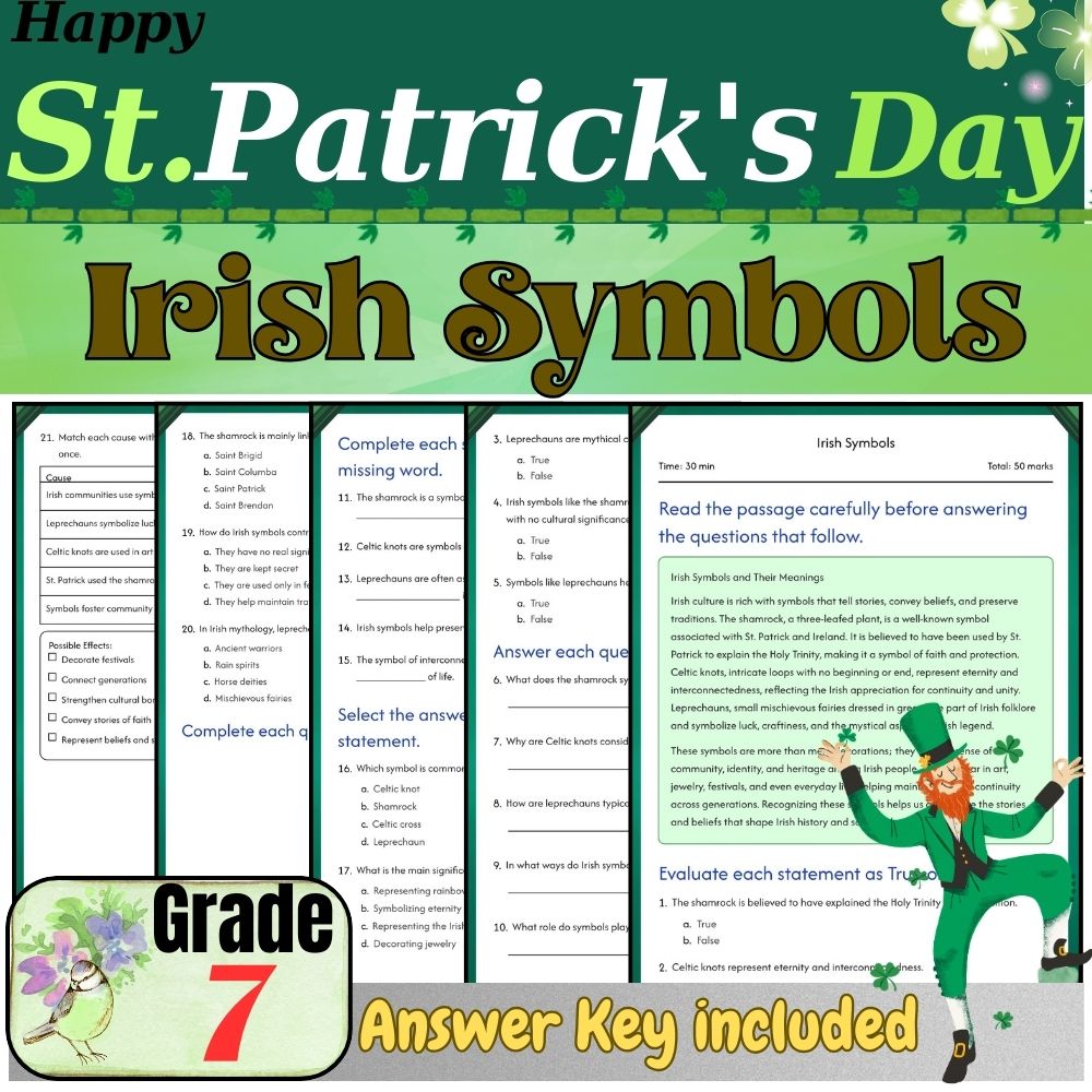Grade 7Seasonal Unit|St. Patrick's Day Worksheets for Irish Symbols & Traditions — included worksheet 3