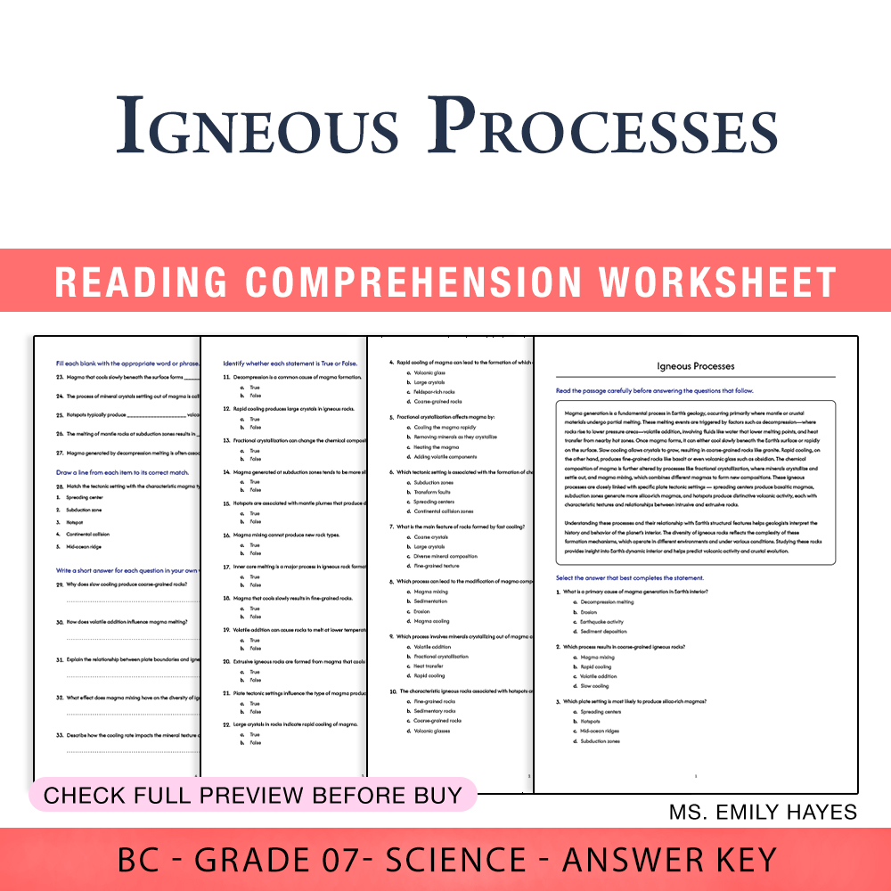 Grade 7 Science worksheet worksheet — 7th Grade Science | Igneous Processes Worksheet (PDF+ Answer Key) — page 1