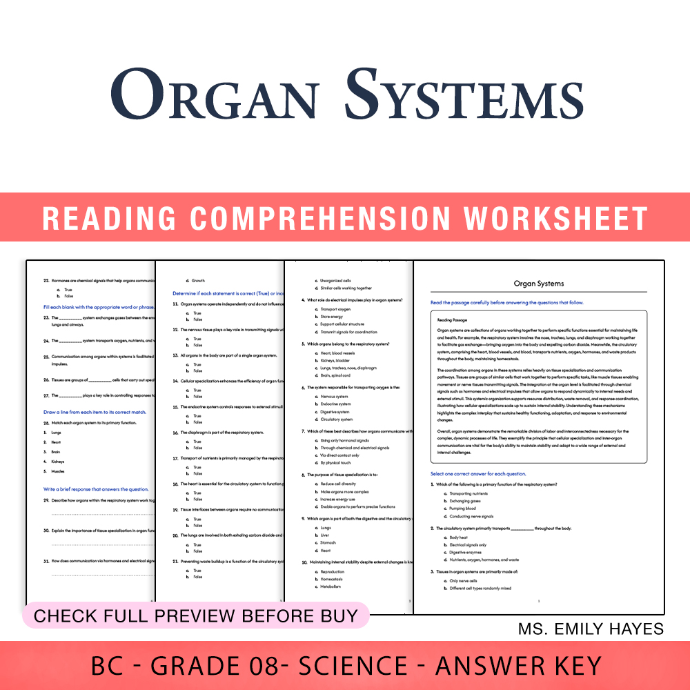 Grade 8 Science worksheet worksheet — 8th Grade Science | Organ Systems Worksheet (PDF+ Answer Key) — page 1