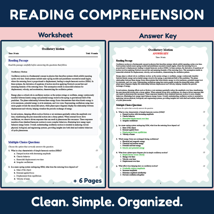 Grade 11 Science reading worksheets worksheet — Grade 11 Science | Oscillatory Motion Reading Worksheet (PDF + Answer Key)…