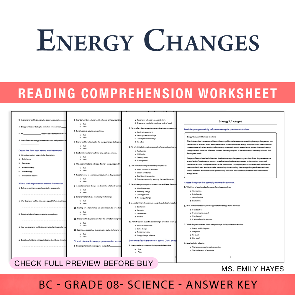 Grade 8 Science worksheet worksheet — Grade 8 Science | Energy Changes Worksheet (PDF+ Answer Key) — page 1