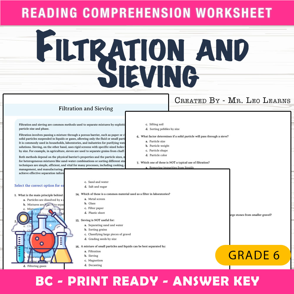Grade 6 Science worksheet mcq paper worksheet — Grade 6 Science — Filtration and Sieving Worksheet for Mastery — page 1