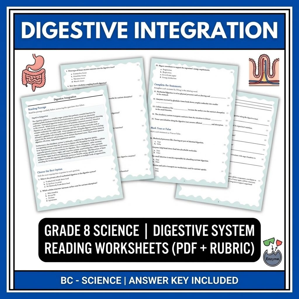 Grade 8 Science | Digestive System Reading Worksheets (PDF + Rubric)