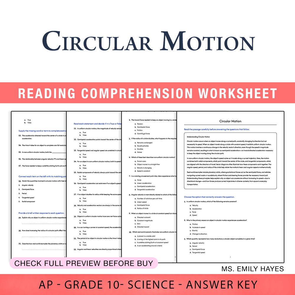 Grade 10 Science worksheet worksheet — 10th Grade Science | Circular Motion Worksheet (PDF+ Answer Key) — page 1