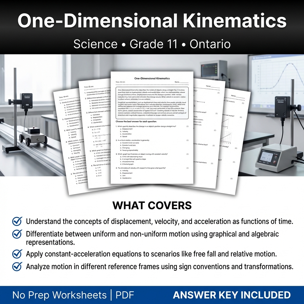 Grade 11 Science Worksheet on One-Dimensional Kinematics | Ontario Standards