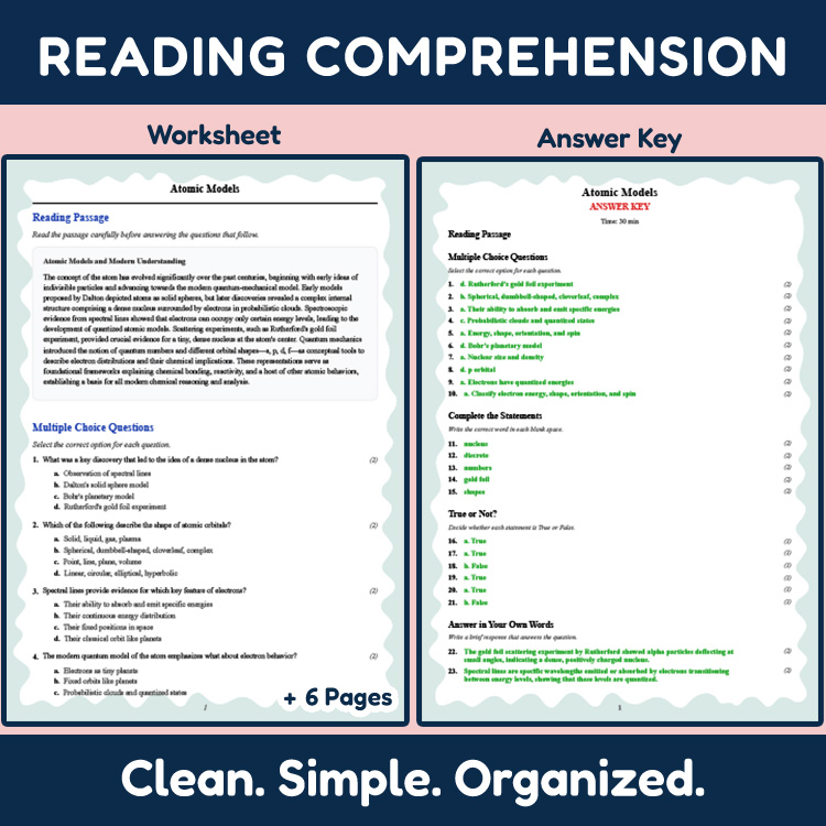 Grade 12 Science reading worksheets worksheet — Grade 12 Science | Atomic Models Reading Worksheet (PDF + Answer Key) — pa…