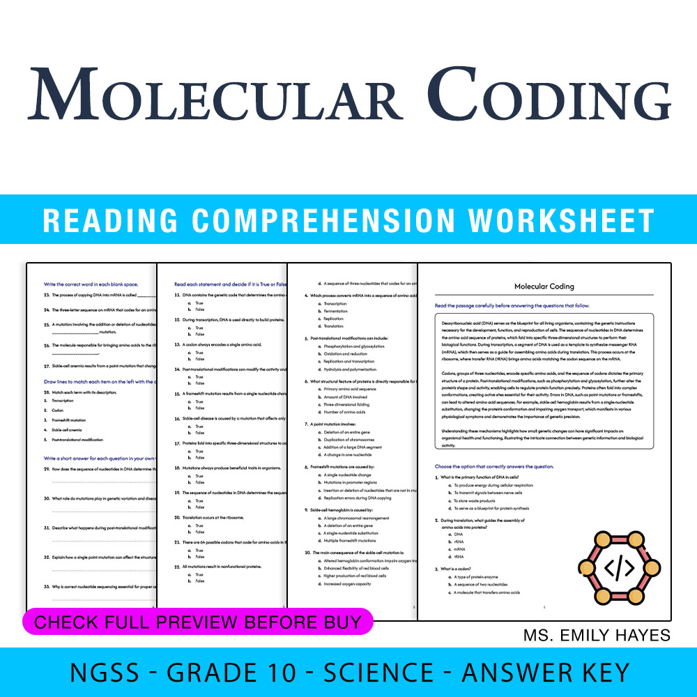 Grade 10 Science — worksheet — 10th Grade Science | Molecular Coding Worksheet (PDF+ Answer Key) — page 1