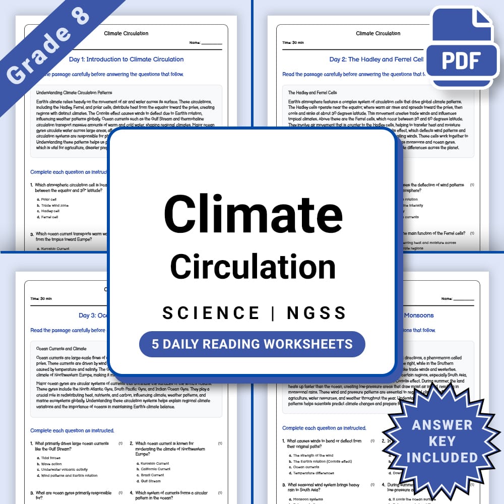 Grade 8 Science daily reading worksheet worksheet — Grade 8 Science – Climate Circulation Daily Reading Worksheet(PDF + An…
