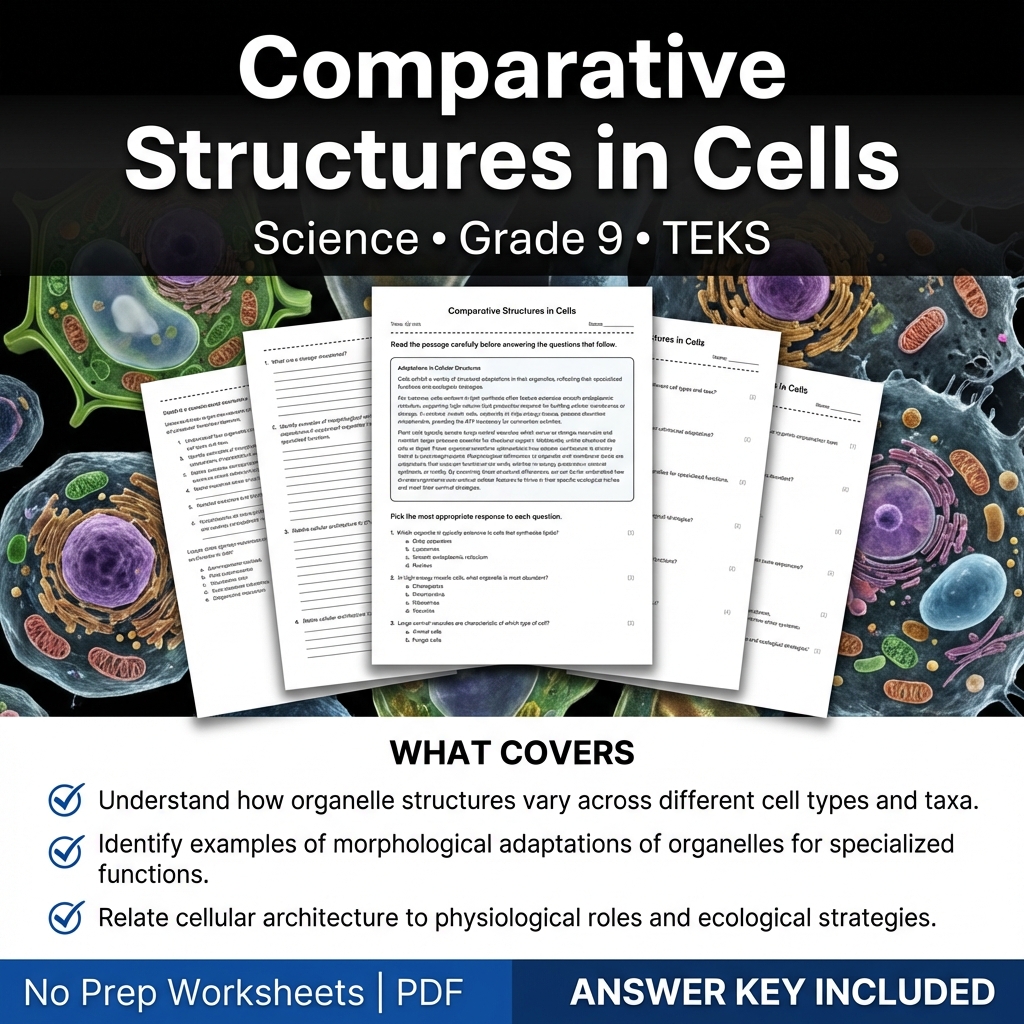 Grade 9 Science Worksheet | Comparative Structures in Cells | TEKS Aligned
