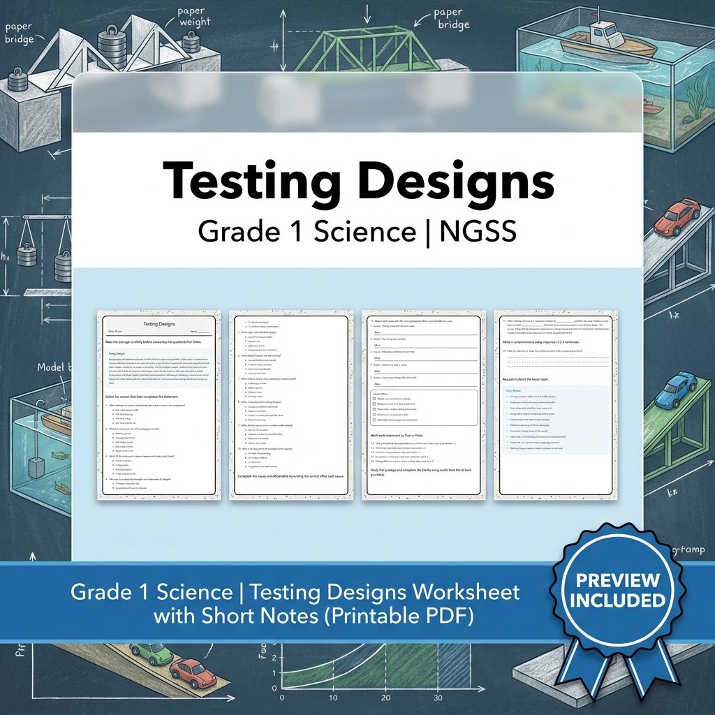 Grade 1 Science | Testing Designs Worksheet with Short Notes (Printable PDF)