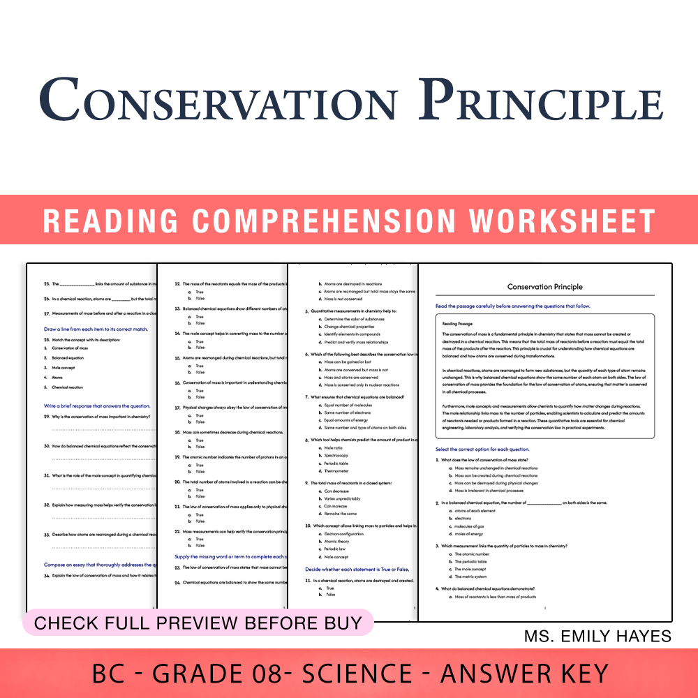 Grade 8 Science worksheet worksheet — 8th Grade Science | Conservation Principle Worksheet (PDF+ Answer Key) — page 1
