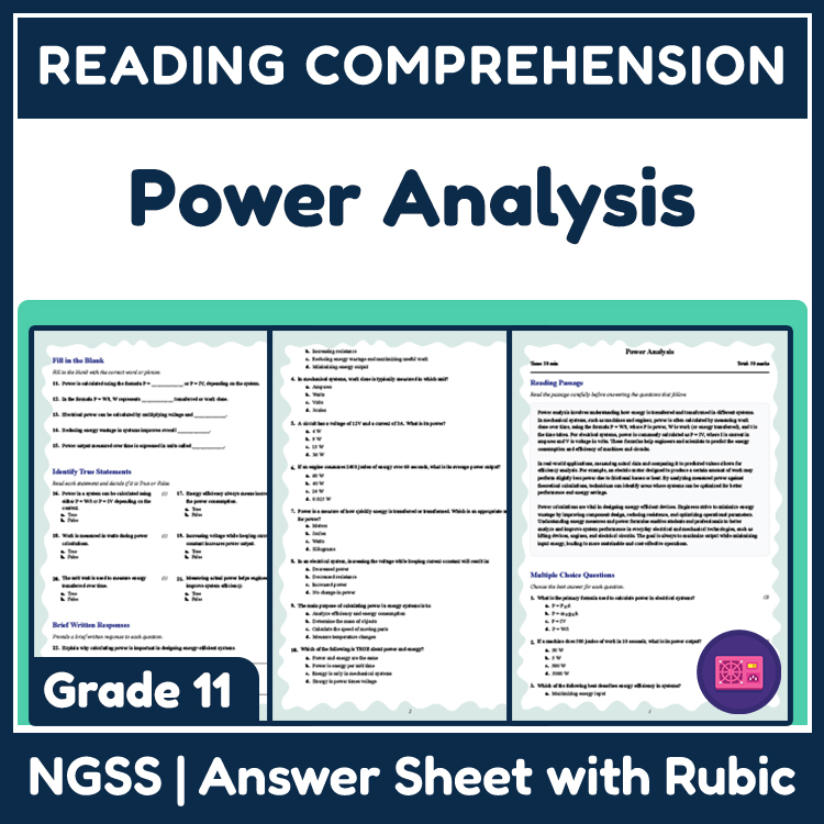 Grade 11 Science reading worksheets worksheet — 11th Grade Science | Power Analysis Reading Worksheet (PDF + Rubric) — page 1