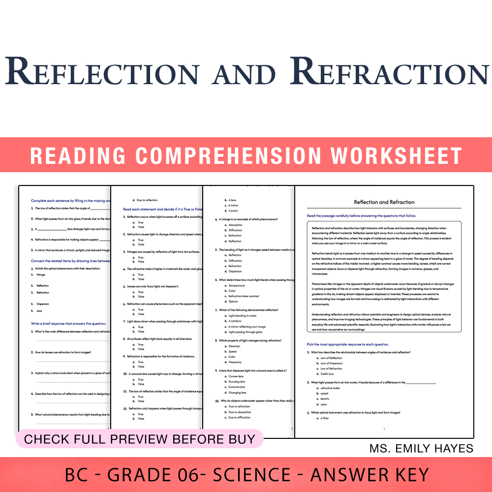 Grade 6 Science worksheet worksheet — 6th Grade Science | Reflection and Refraction Worksheet (PDF+ Answer Key) — page 1