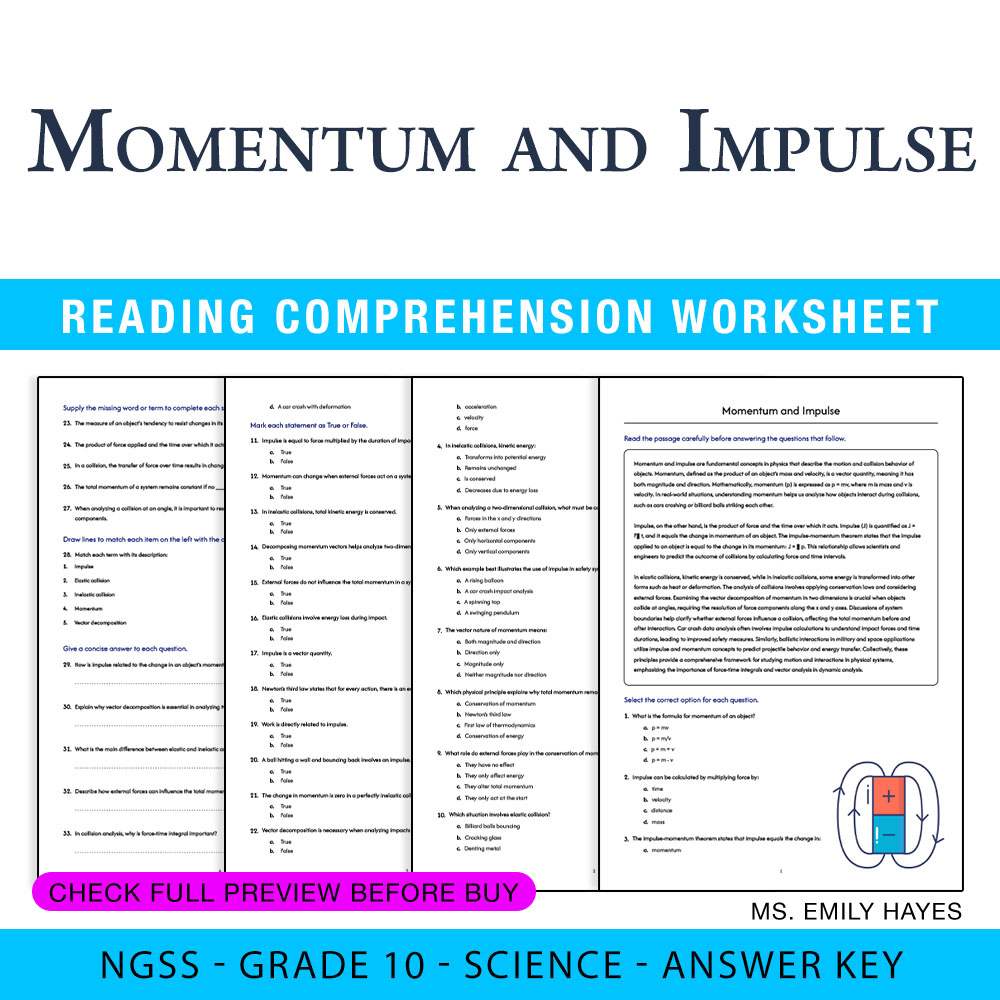 Grade 10 Science worksheet worksheet — 10th Grade Science | Momentum and Impulse Worksheet (PDF + Answer Key) — page 1