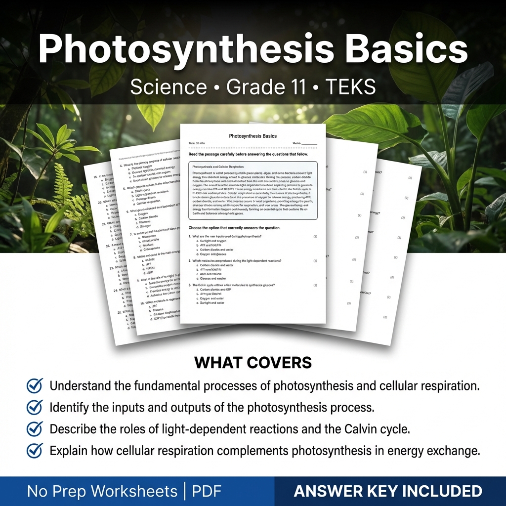 Photosynthesis Basics Worksheet PDF with Answer Key for Grade 11 Science