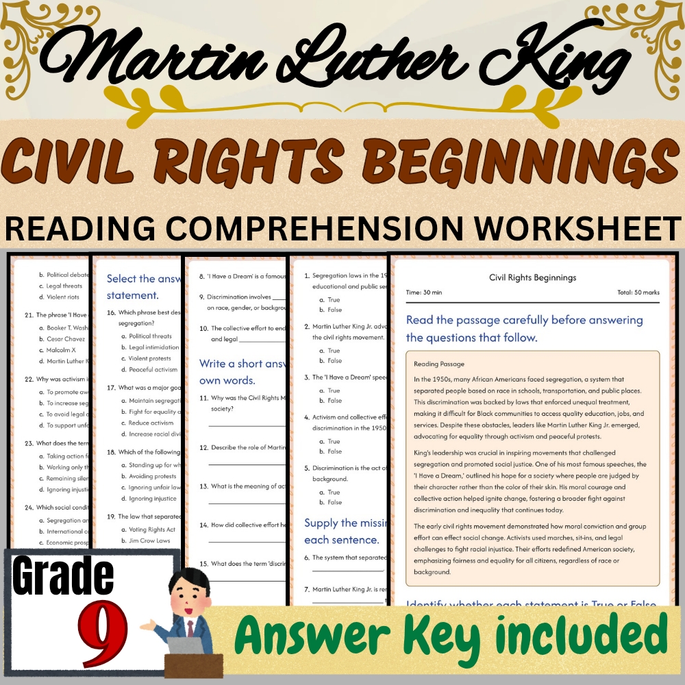 Grade 9 Seasonal| Civil Rights Beginnings Worksheet for Mastery |PDF +Answer Key