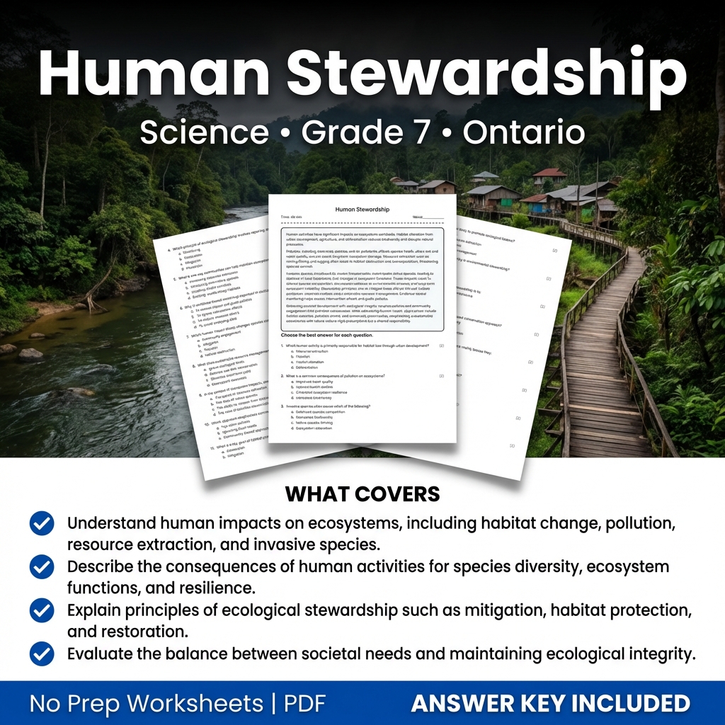 Human Stewardship Worksheet for Grade 7 Science | Ontario Standards