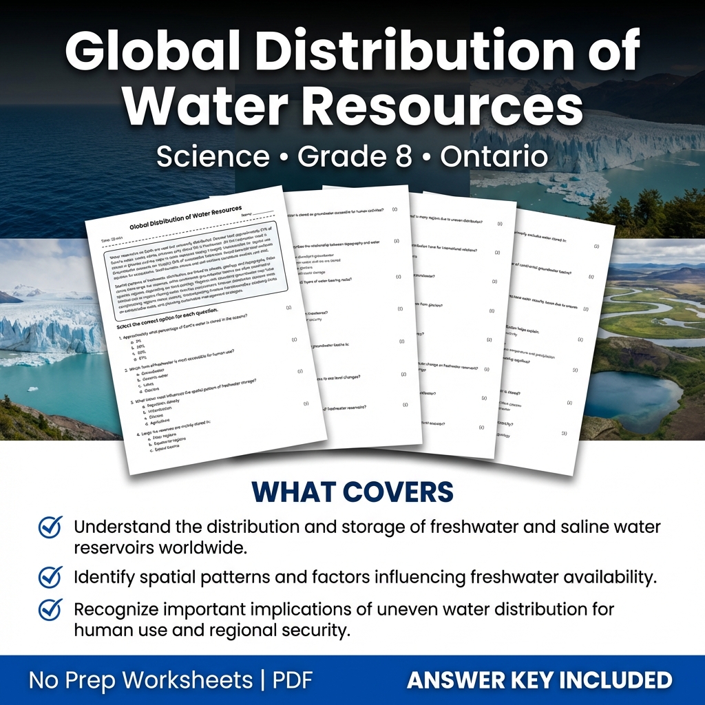 Global Distribution of Water Resources Grade 8 Science Worksheet | Ontario