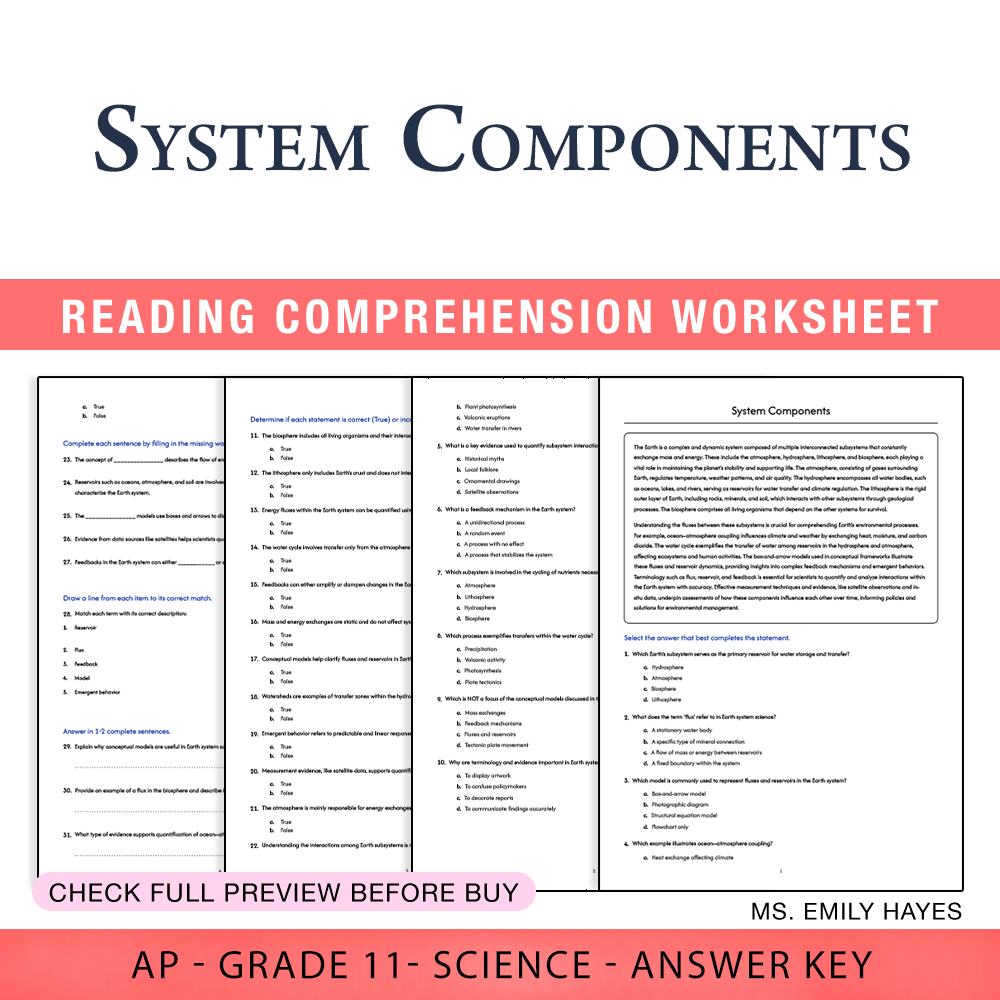 Grade 11 Science worksheet worksheet — 11th Grade Science | System Components Worksheet (PDF+ Answer Key) — page 1