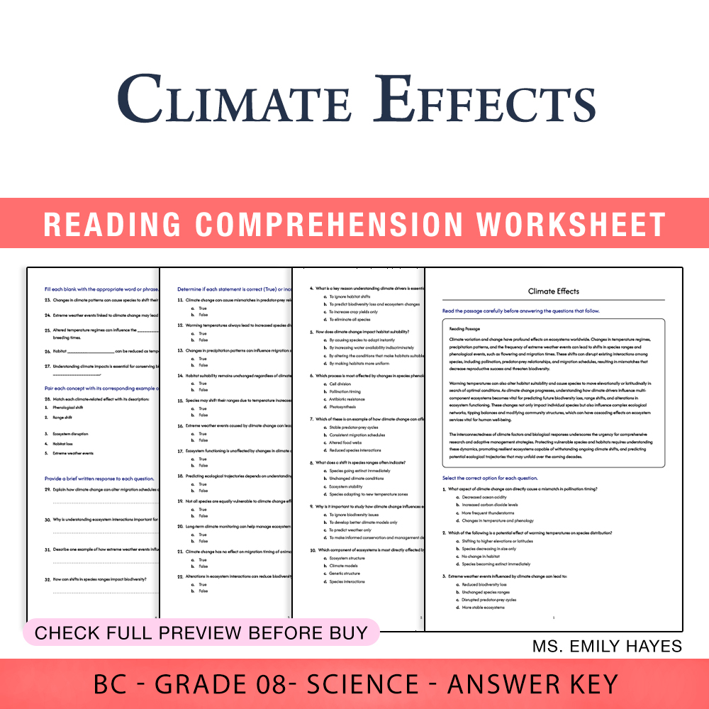 Grade 8 Science worksheet worksheet — Grade 8 Science | Climate Effects Worksheet (PDF+ Answer Key) — page 1