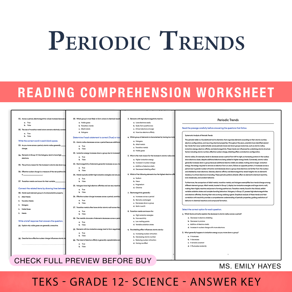 Grade 12 Science worksheet worksheet — 12th Grade Science | Periodic Trends Worksheet (PDF+ Answer Key) — page 1