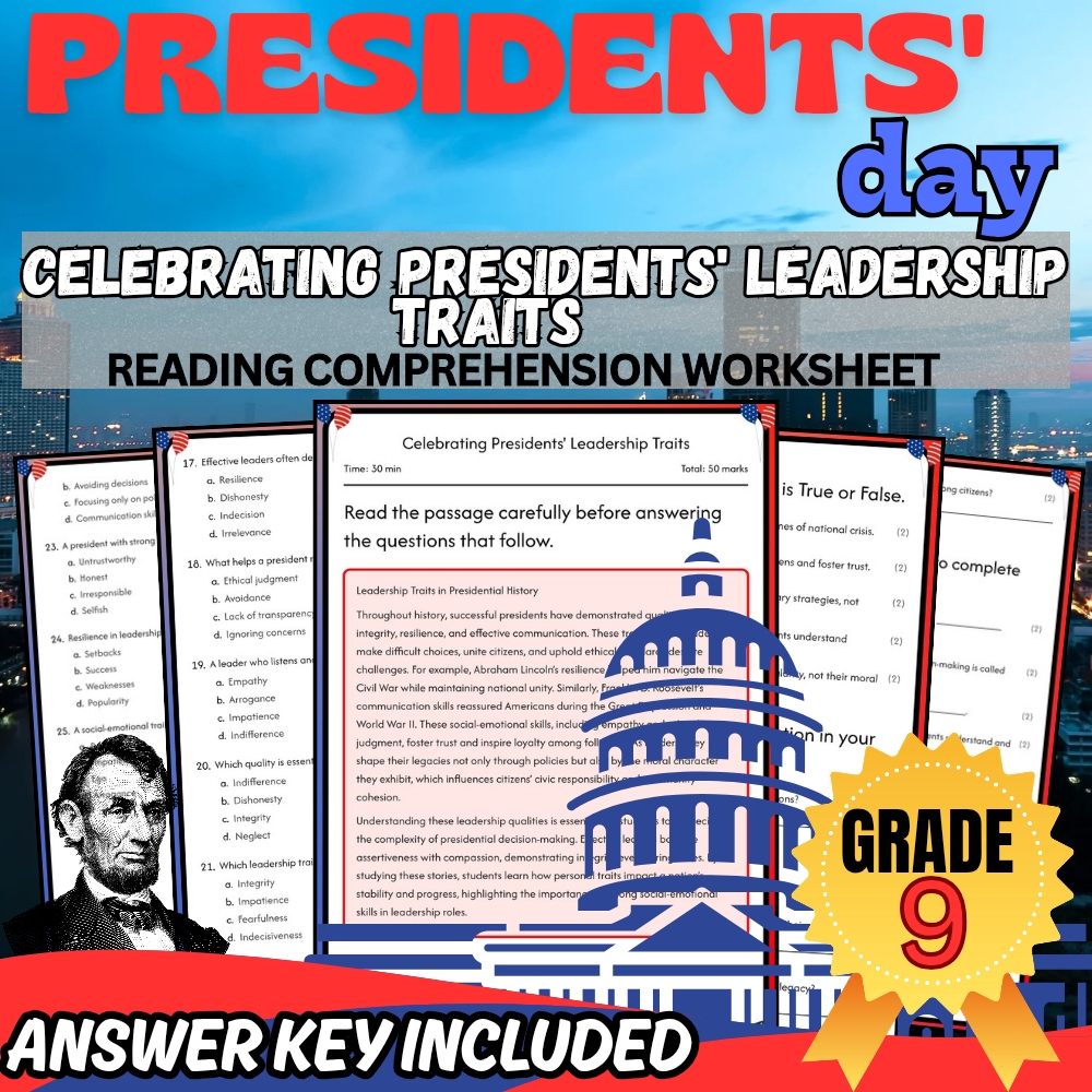 Grade 9 Presidents' Day Unit Worksheet Bundle | Leadership & Roles Focus — included worksheet 2