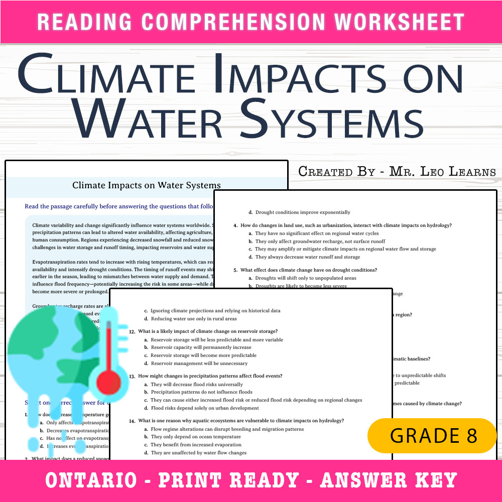 Grade 8 Science worksheet worksheet — Grade 8 Science – Climate Impacts on Water Systems Worksheet for Mastery — page 1