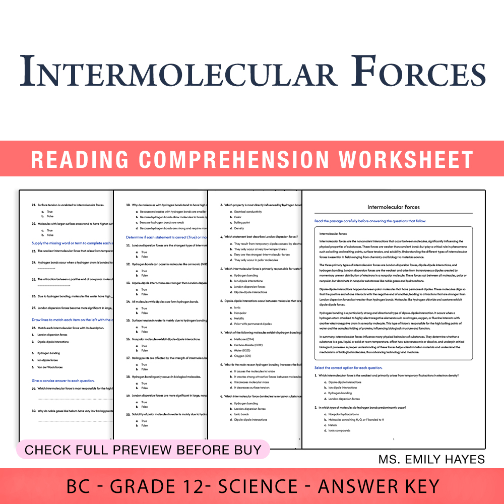 Grade 12 Science worksheet worksheet — 12th Grade Science | Intermolecular Forces Worksheet (PDF + Answer Key) — page 1
