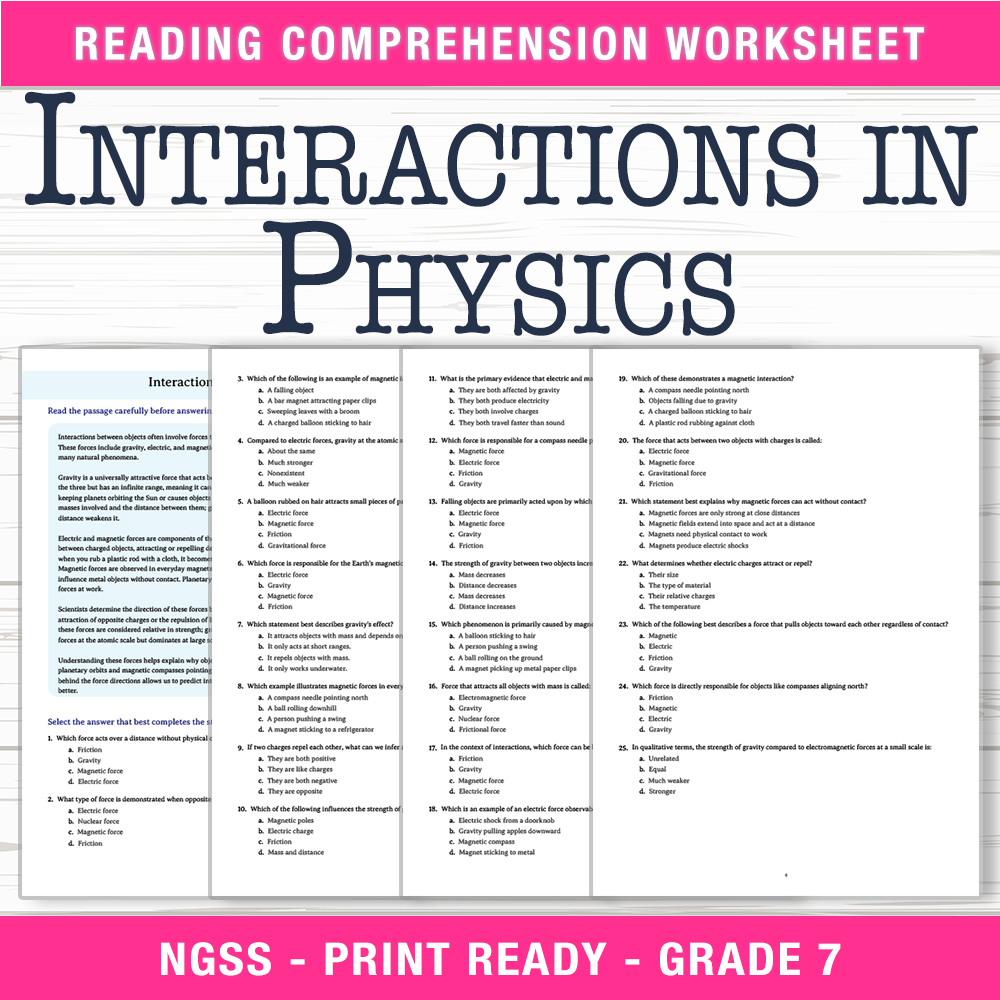 Grade 7 Science worksheet worksheet — Grade 7 Science | Interactions in Physics Worksheet (PDF + Answer Key) — page 1