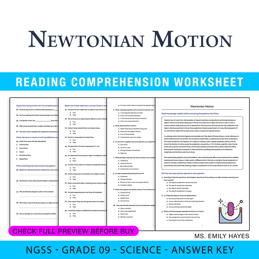 Grade 9 Science worksheet worksheet — 9th Grade Science | Newtonian Motion Practice Worksheet (PDF+ Answer Key) — page 1
